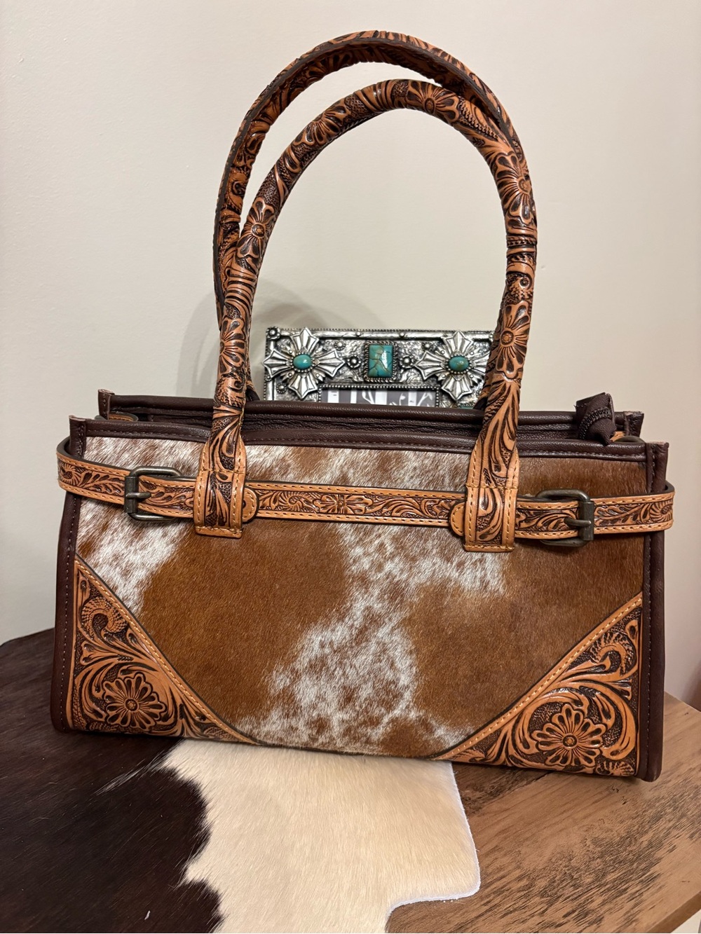 Tooled Leather Cowhide Satchel in Brown and White